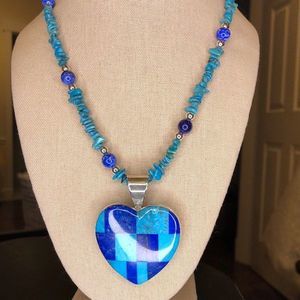 JAY KING Turquoise Lapis Mosaic Inlay Heart Pendant On Turquoise Lapis Necklace